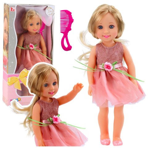 Lalka W Sukience z Kokardką Długie Włosy Różowa Grzebień 38cm