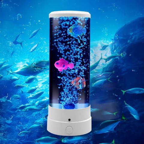 Lampka Nocna Ozdobna LED RGB Akwarium Z Rybkami 16 Kolorów USB Biała