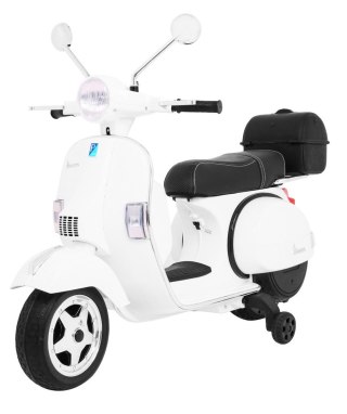 Skuter Vespa elektryczny dla dzieci Biały + Kółka pomocnicze + Audio + Ekoskóra + EVA + Wolny Start