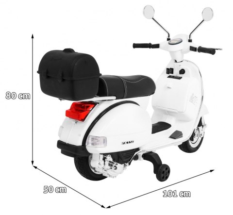 Skuter Vespa elektryczny dla dzieci Biały + Kółka pomocnicze + Audio + Ekoskóra + EVA + Wolny Start