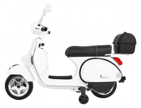 Skuter Vespa elektryczny dla dzieci Biały + Kółka pomocnicze + Audio + Ekoskóra + EVA + Wolny Start