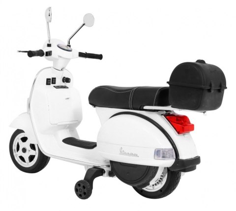 Skuter Vespa elektryczny dla dzieci Biały + Kółka pomocnicze + Audio + Ekoskóra + EVA + Wolny Start