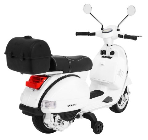 Skuter Vespa elektryczny dla dzieci Biały + Kółka pomocnicze + Audio + Ekoskóra + EVA + Wolny Start