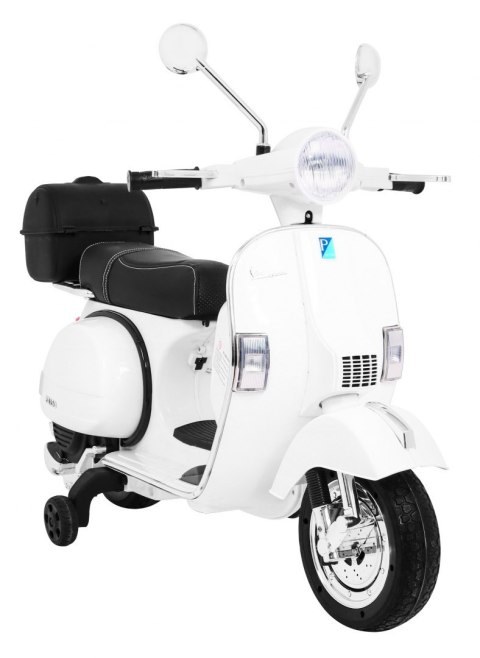 Skuter Vespa elektryczny dla dzieci Biały + Kółka pomocnicze + Audio + Ekoskóra + EVA + Wolny Start