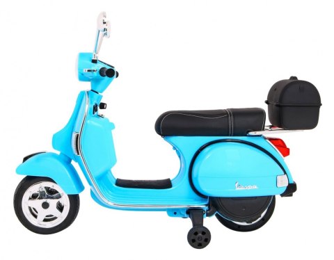 Skuter Vespa elektryczny dla dzieci Niebieski + Kółka pomocnicze + Audio + Ekoskóra + EVA + Wolny Start