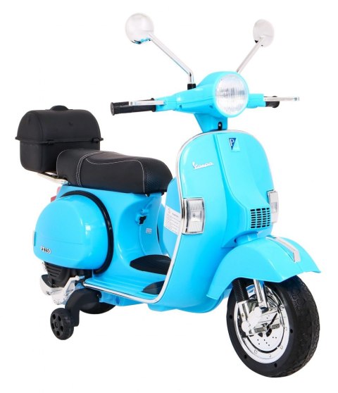 Skuter Vespa elektryczny dla dzieci Niebieski + Kółka pomocnicze + Audio + Ekoskóra + EVA + Wolny Start