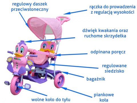 3-kołowy Rowerek dla dzieci Kaczka Fioletowy + Dźwięki + Daszek + Barierka + Podnóżek + Rączka + Płozy + Schowek