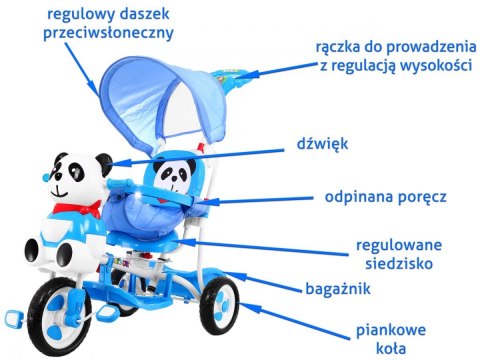 3-kołowy Rowerek dla dzieci Panda Niebieski + Dźwięki + Daszek + Barierka + Podnóżek + Rączka + Płozy + Schowek