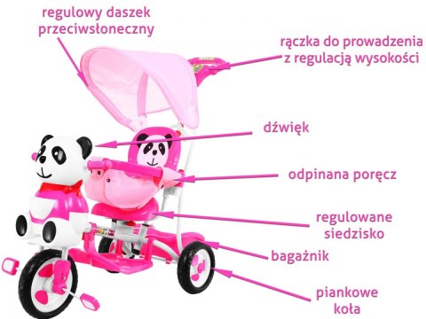 3-kołowy Rowerek dla dzieci Panda Różowy + Dźwięki + Daszek + Barierka + Podnóżek + Rączka + Płozy + Schowek