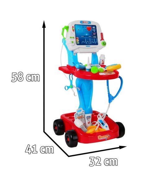 Wózek małego lekarza z EKG dzieci 3+ Panel EKG + Stetoskop + Termometr + 17 el. Dźwięki Światła