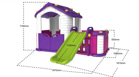 Domek ogrodowy 3w1 dla dzieci Fioletowy + Zjeżdżalnia + Ogródek z płotkiem