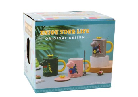 Kubek Ceramiczny z Pokrywką Szary Dinozaur 400 ml LEAN Toys