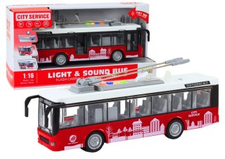 Trolejbus Autobus 1:16 Światła Dźwięki Napęd Biało-Czerwony LEAN Toys