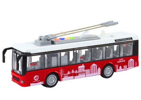 Trolejbus Autobus 1:16 Światła Dźwięki Napęd Biało-Czerwony LEAN Toys