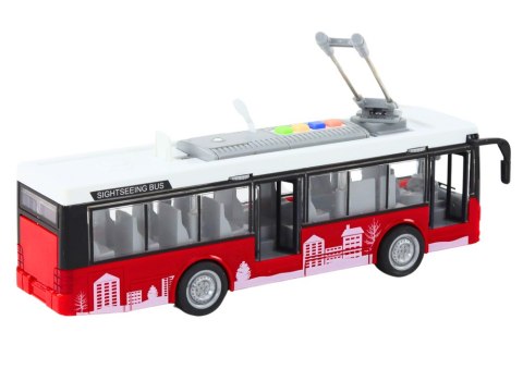 Trolejbus Autobus 1:16 Światła Dźwięki Napęd Biało-Czerwony LEAN Toys