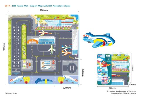 Mata "Lotnisko" z 9 Puzzli dla dzieci 10m+ Pianka EVA + Składany Samolot + Kolorowy nadruk