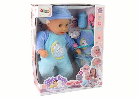 Lalka Bobas Dźwięk Smoczek Śliniaczek Niebieska Piżama Kotek LEAN Toys