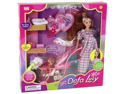 Zestaw Lalka Lucy W Ciąży Niemowlę Wózek Długie Brązowe Włosy LEAN Toys