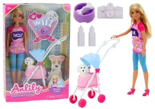 Lalka Anlily z Pieskiem W Wózku Butelki Miska Kość Aparat LEAN Toys