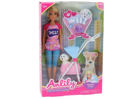 Lalka Anlily z Pieskiem W Wózku Butelki Miska Kość Aparat LEAN Toys