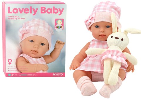 Lalka Bobas W Nosidełku Króliczek Ubranko w Kratę Różowy LEAN Toys