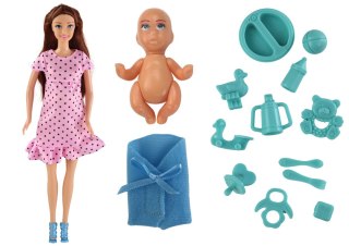 Lalka Dla Dzieci W Ciąży Mama Dziecko Różowa Sukienka Akcesoria LEAN Toys