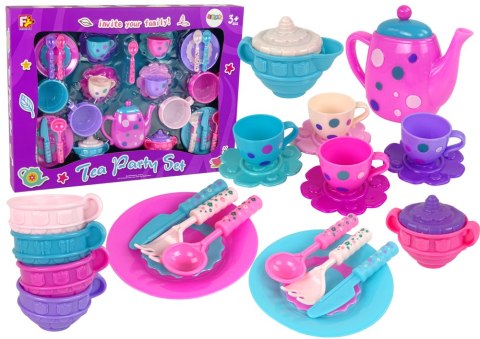 Zestaw Do Herbaty Filiżanki Talerzyki Sztućce Miseczki Fioletowe LEAN Toys