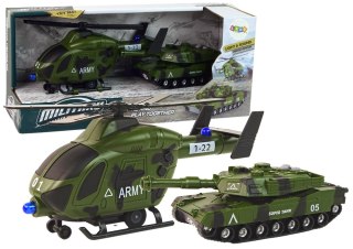 Zestaw Militarny Czołg Pojazd Helikopter Wojskowy Dźwięk Światła 1:32 LEAN Toys