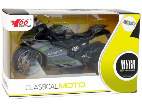 Motocykl Sportowy Szary Zielony Pasy 1:12 Napęd Pull-Back Dźwięk Światła LEAN Toys