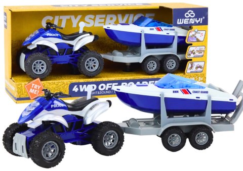 Quad Policyjny z Przyczepą do przewozu Łodzi oraz Motorówką LEAN Toys