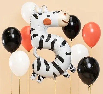 Balon foliowy urodzinowy cyfra "5" - Zebra 42x81 cm Partydeco Spółka z Ograniczoną Odpowiedzialnością