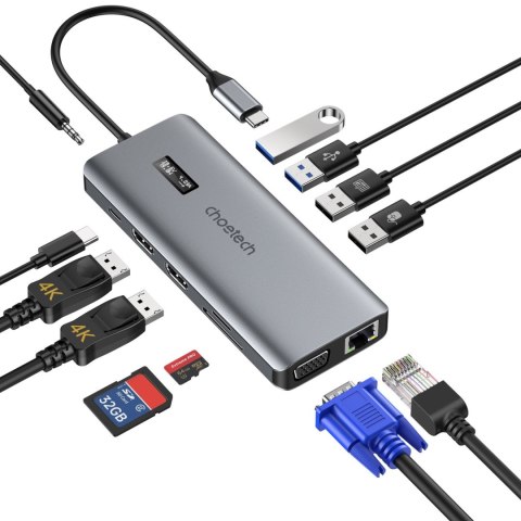 Adapter HUB wielofunkcyjny z wyświetlaczem USB-C USB-A VGA AUX SD TF 12w1 szary CHOETECH