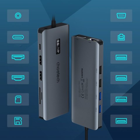 Adapter HUB wielofunkcyjny z wyświetlaczem USB-C USB-A VGA AUX SD TF 12w1 szary CHOETECH