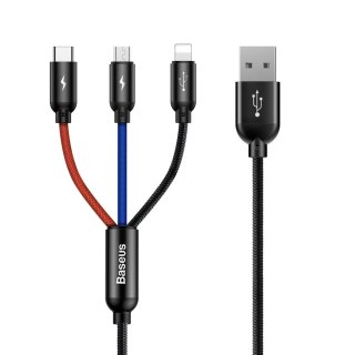 Wytrzymały przewód kabel 3w1 USB microUSB Iphone Lightning USB-C 3.5A 1.2M czarny BASEUS