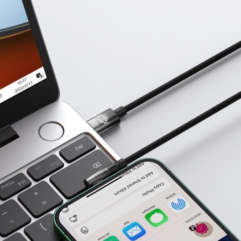 Kątowy kabel przewód Power Delivery z bocznym wtykiem USB-C Iphone Lightning 1m 20W czarny BASEUS