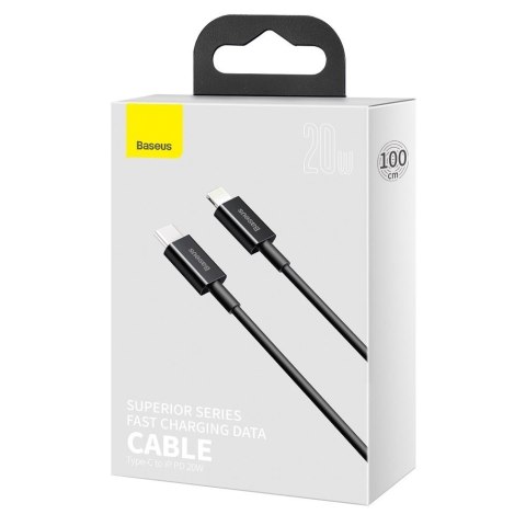 Superior kabel przewód USB-C Iphone Lightning do szybkiego ładowania 20W 1m czarny BASEUS