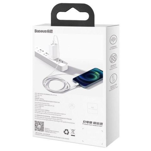 Superior kabel przewód USB Iphone Lightning 2.4A 1m Biały BASEUS