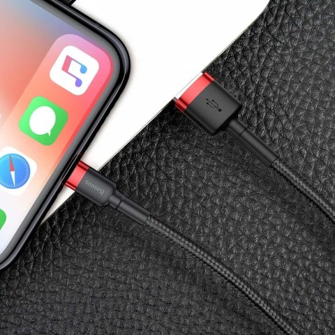 Wytrzymały nylonowy kabel przewód USB Iphone Lightning QC3.0 2A 3M czarno-czerwony BASEUS