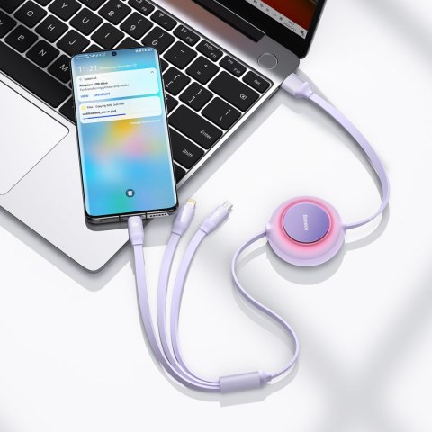 Zwijany kabel przewód 3w1 USB microUSB + Iphone Lightning + USB-C 66W 1.1m fioletowy BASEUS