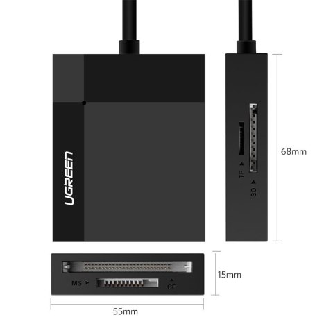 Czytnik kart pamięci SD / micro SD / CF / MS wtyczka USB 3.0 1m - czarny UGREEN