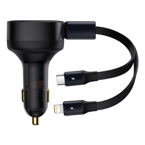 Ładowarka samochodowa 2w1 USB-C + iPhone Lightning zwijany przewód 75cm 30W - czarny BASEUS