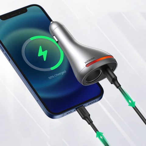 Ładowarka samochodowa USB-C / USB + gniazdo zapalniczki 12V - srebrny UGREEN