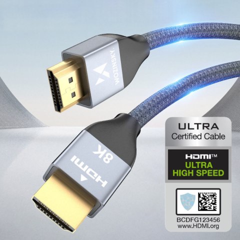 Mocny wytrzymały kabel HDMI 2.1 8K / 4K / 2K w oplocie 2m - srebrny WOZINSKY