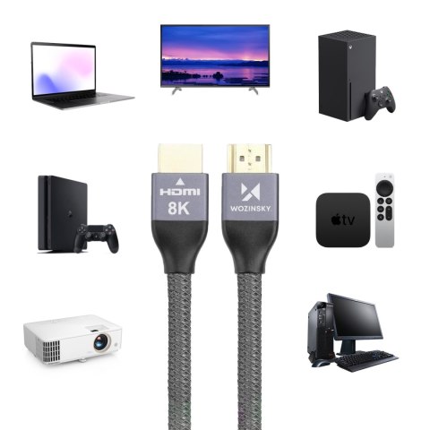 Mocny wytrzymały kabel HDMI 2.1 8K / 4K / 2K w oplocie 2m - srebrny WOZINSKY