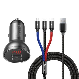 Ładowarka samochodowa 2x USB 4.8A 24W z wyświetlaczem LCD + kabel 3w1 1.2m czarny BASEUS