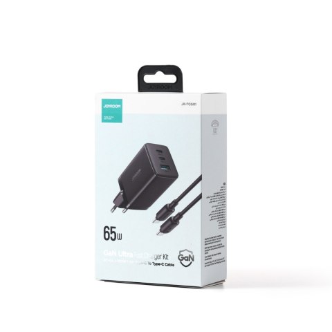 Szybka ładowarka sieciowa GaN USB 2x USB-C + kabel USB-C 1.2m - czarna JOYROOM