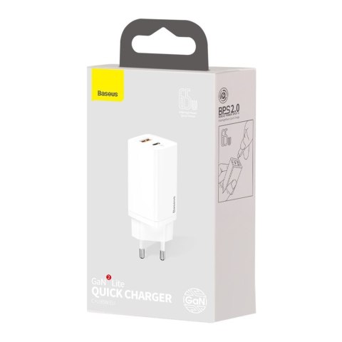 Szybka ładowarka sieciowa GaN2 Pro USB USB-C QC PD 65W biały BASEUS