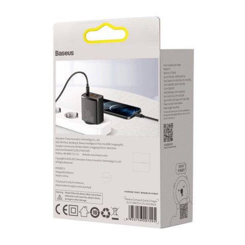 Compact szybka ładowarka sieciowa 2x USB USB-C 30W 3A PD QC czarny BASEUS