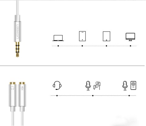 Rozdzielacz słuchawkowy 3.5mm mini jack AUX + mikrofon stereo 20cm srebrny UGREEN