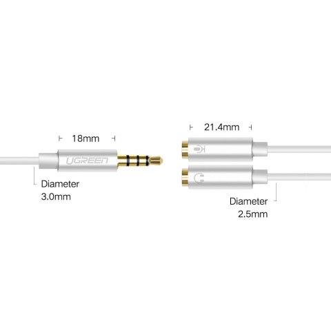 Rozdzielacz słuchawkowy 3.5mm mini jack AUX + mikrofon stereo 20cm srebrny UGREEN